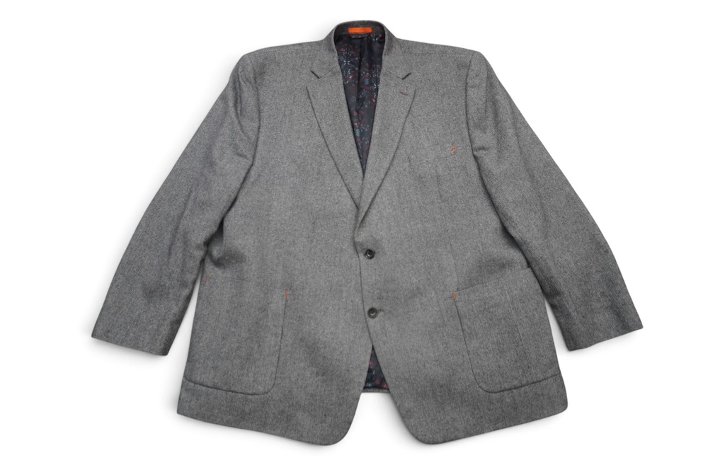 Tallia Herringbone Tweed Sport Coat Mens 56L Gray Elbow Patches Floral Lining